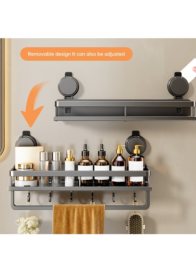 رف تخزين حائطي للحمام موفر للمساحة، تصميم بدون حفر، مكون من طبقتين مع قضيب منشفة وخطافات، مثالي لمنظم الشامبو ومنتجات العناية بالبشرة وإكسسوارات الحمام ورفوف الديكور والإكسسوارات، 60 سم أسود - Image 5