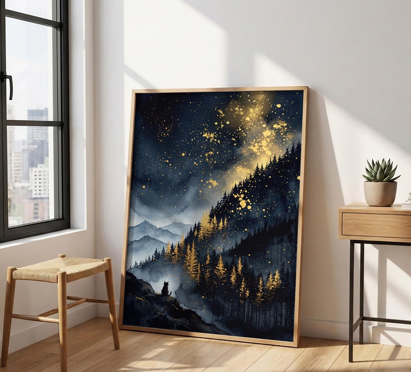TNESSENTIAL Celestial Cat Art Print – Gold Starry Night Mountain Poster, Black Cat Wall Decor, Mystical Forest Landscape, Pine Tree Night Sky - Image 4