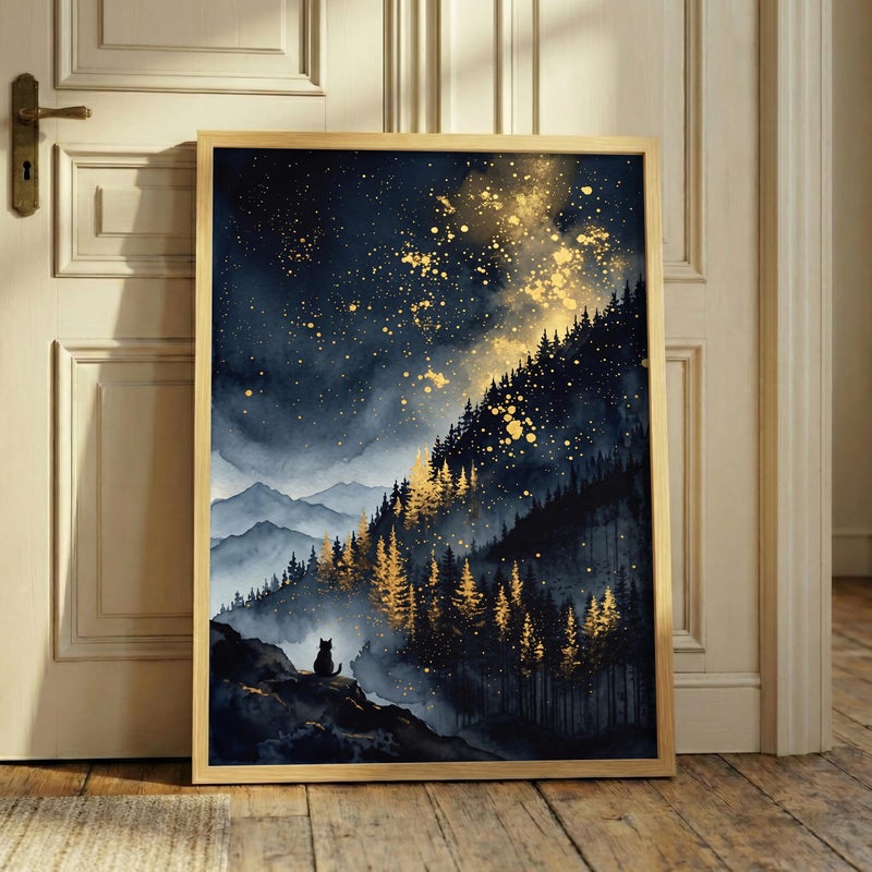 TNESSENTIAL Celestial Cat Art Print – Gold Starry Night Mountain Poster, Black Cat Wall Decor, Mystical Forest Landscape, Pine Tree Night Sky - Image 1