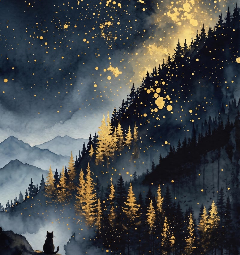 TNESSENTIAL Celestial Cat Art Print – Gold Starry Night Mountain Poster, Black Cat Wall Decor, Mystical Forest Landscape, Pine Tree Night Sky - Image 2