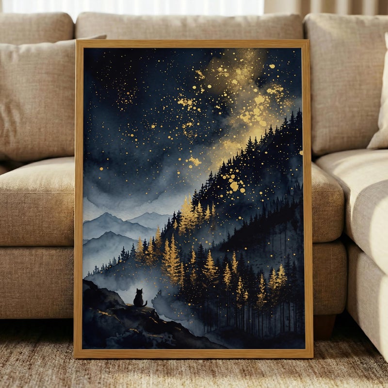 TNESSENTIAL Celestial Cat Art Print – Gold Starry Night Mountain Poster, Black Cat Wall Decor, Mystical Forest Landscape, Pine Tree Night Sky - Image 5