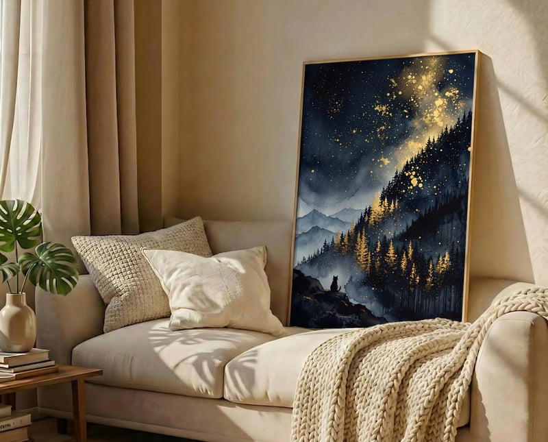 TNESSENTIAL Celestial Cat Art Print – Gold Starry Night Mountain Poster, Black Cat Wall Decor, Mystical Forest Landscape, Pine Tree Night Sky - Image 3