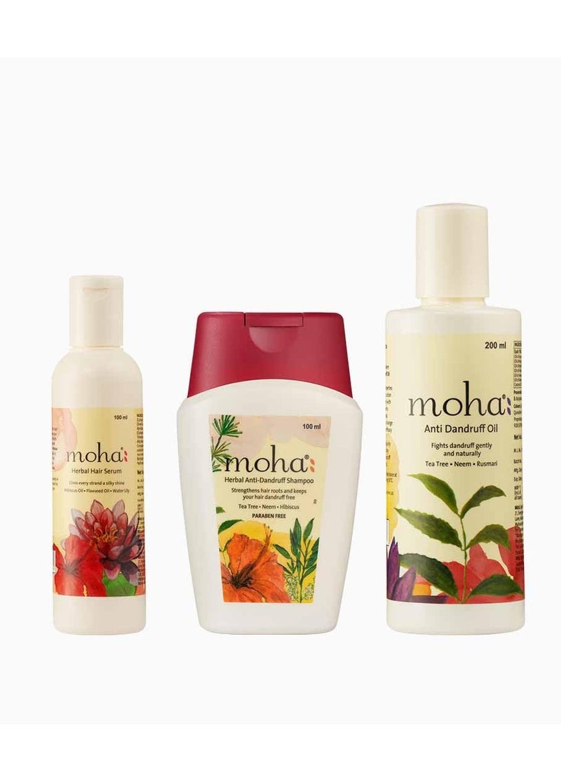 moha Anti Dandruff Hair Care Kit Which Includes Herbal Anti-Dandruff Shampoo (100 Ml) Anti-Dandruff Hair Oil (200 Ml) Herbal Hair Serum (100 Ml) For Healthy Hair | Unisex Product - Image 1