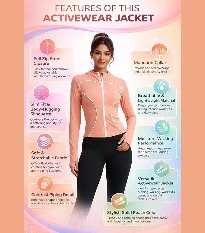 Fashiol Women's Full Zip Long Sleeve Athletic Jacket with Pockets Sun Protection and UPF 50+ Lightweight | Perfect for Gymwear & Sports - Peach 30 - Image 3