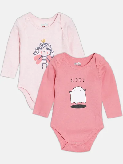 Broon Broon Infant Girls Fuchsia and Baby Pink Printed Pure Organic Cotton Bodysuit Pack of 2