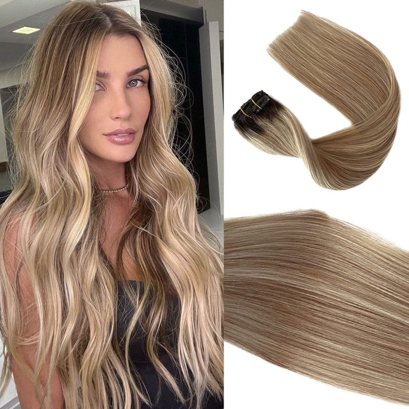 Clip in Hair Extensions Real Human Hair Medium Brown Roots Human Hair Clip in Extensions 7 Pcs 70g Golden Brown Mixed 613 Blonde Highlights Human Hair Extensions Clip ins 12 Inch 4T12P613