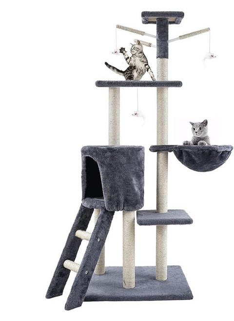 Multi -Layer Cat Tree Cat Tower With A Cat Apartment With Staircase Hanging Baskets And Plush Toys Tall Cat Climbing Racks For Entertainment Rest 51x37x18 Cm Grey