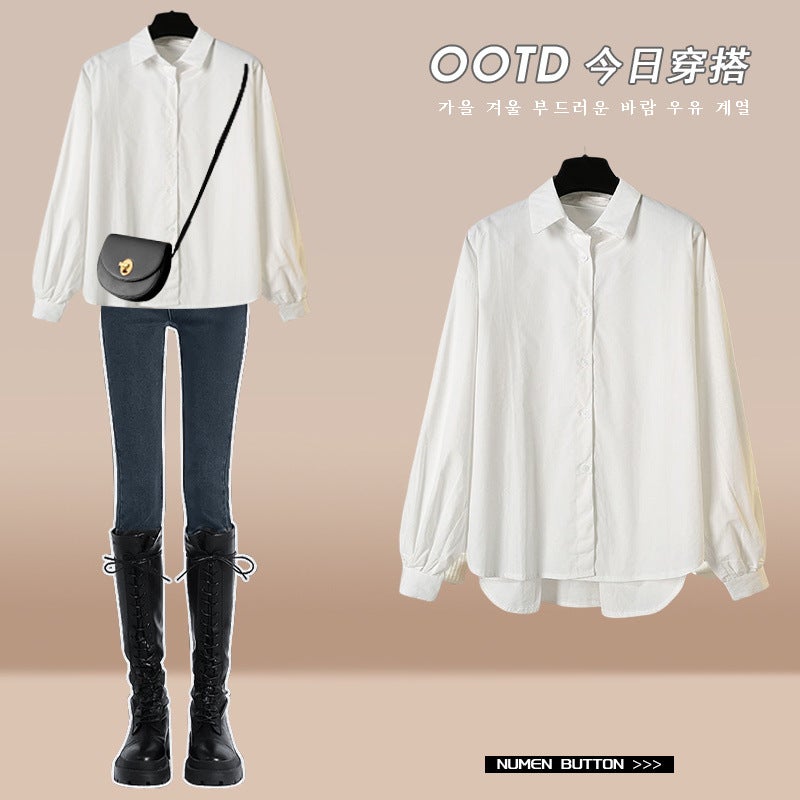 Autumn 2024 Plus Size Faux Layered Shirt  Skirt Set for Women White coat [single piece]]