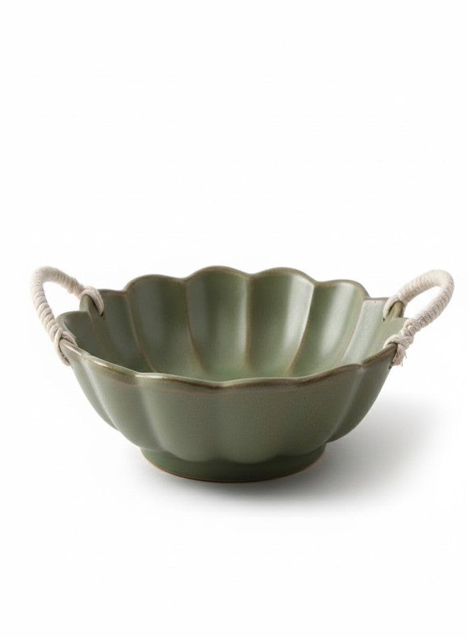 Amitofo Small Vintage Scalloped Ceramic Bowl with Rope Handles, Retro Style Glazed Purse Bowl for Serving Fruit,Salad,Table Centerpiece Decor (Green) - Image 1