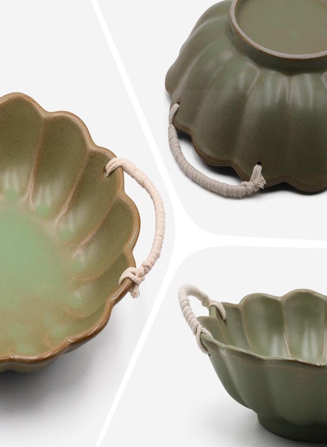 Amitofo Small Vintage Scalloped Ceramic Bowl with Rope Handles, Retro Style Glazed Purse Bowl for Serving Fruit,Salad,Table Centerpiece Decor (Green) - Image 5