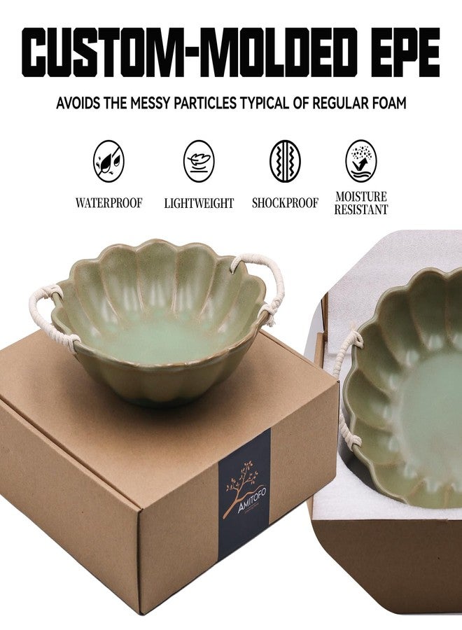Amitofo Small Vintage Scalloped Ceramic Bowl with Rope Handles, Retro Style Glazed Purse Bowl for Serving Fruit,Salad,Table Centerpiece Decor (Green) - Image 3