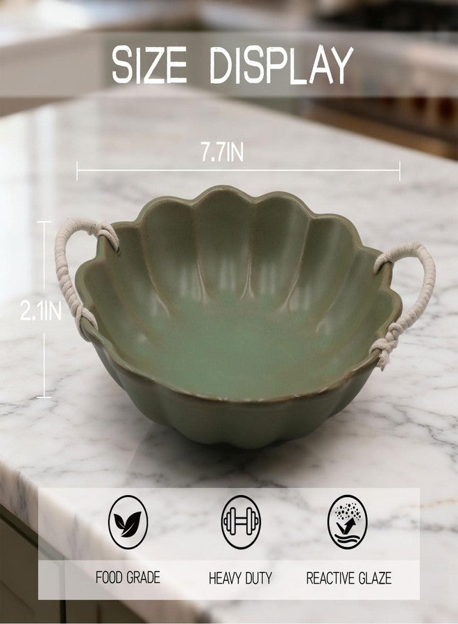Amitofo Small Vintage Scalloped Ceramic Bowl with Rope Handles, Retro Style Glazed Purse Bowl for Serving Fruit,Salad,Table Centerpiece Decor (Green) - Image 4