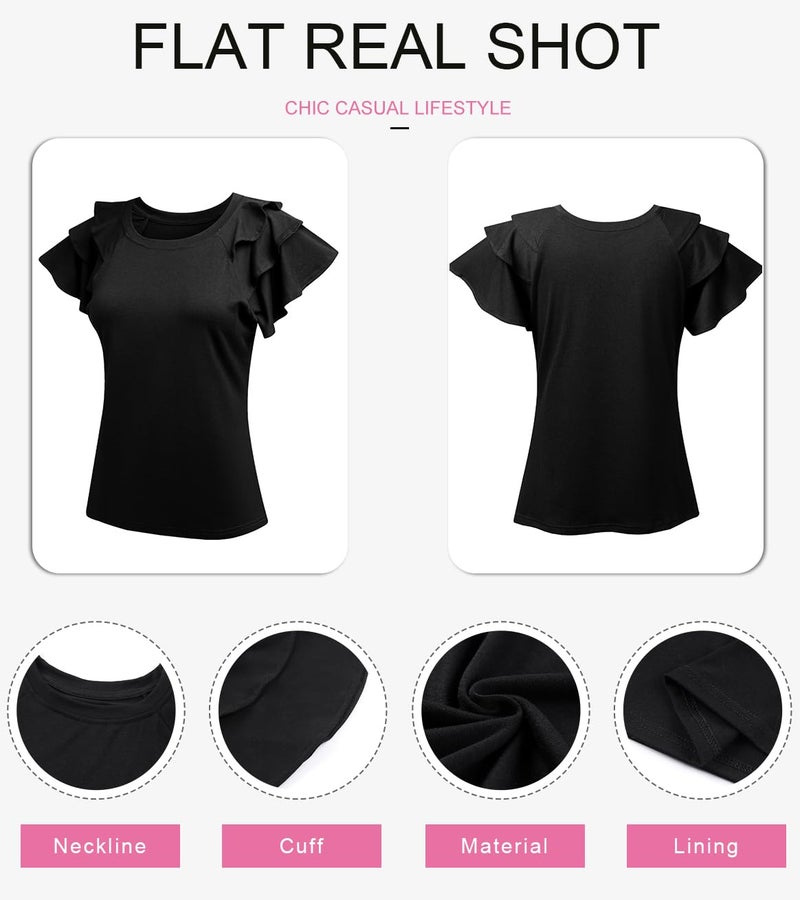 Shein SHEWIN Summer Tops for Women Casual Short Ruffle Sleeve Tshirts Shirts for Women 2025 Black L - Image 5