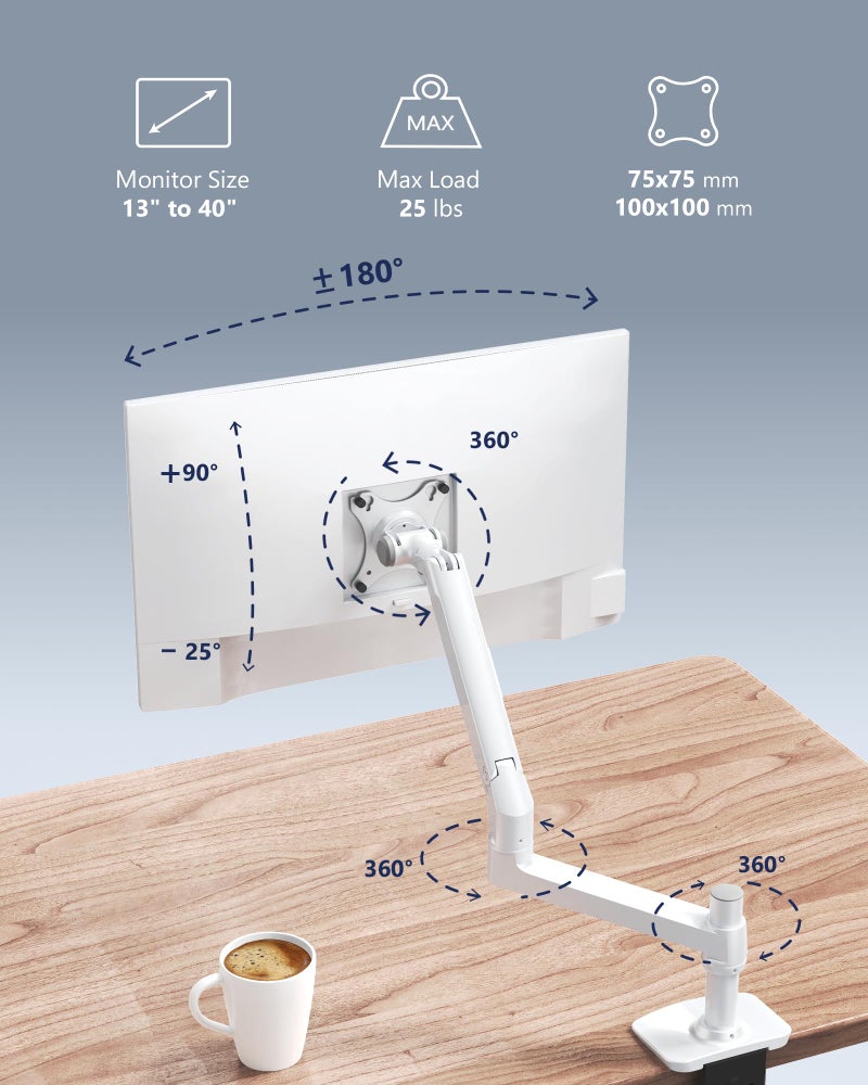 Ergounion Single Monitor Arm Desk Mount, Holds Screens up to 40 Inches and 25 lbs, Fully Adjustable Vesa Monitor Mount with C-Clamp and Grommet Base, Aluminum, White - Image 2