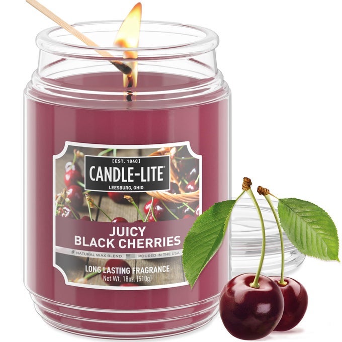 SCENTED JUICY BLACK CHERRIES FRAGRANCE ONE 18 OZ SINGLEWICK AROMATHERAPY CANDLE WITH 110 HOURS OF BURN TIME DARK RED COLOR JAR