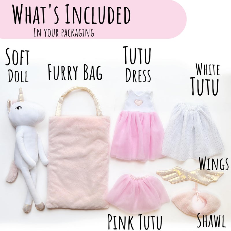 Perfectto Design Ballerina Unicorn Doll Stuffed Animal for Girls  Plush Toy Doll Set Bag Tutu Cloths Wings  Play Set for 3 4 5 Year Old Girl Gift for Little Girl Birthday Christmas Age 39 - Image 3