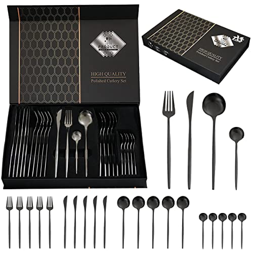 LSTOXS 24-Piece Black Silverware Set Black Flatware Set for 6, Stainless Steel Cubiertos Cutlery Set, Forks and Spoons Apartment Utensils Set, Mirror Polished Eating Tableware Set, Dishwasher Safe - Image 1