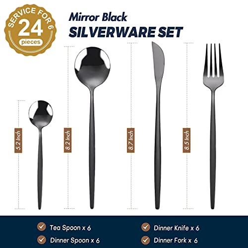 LSTOXS 24-Piece Black Silverware Set Black Flatware Set for 6, Stainless Steel Cubiertos Cutlery Set, Forks and Spoons Apartment Utensils Set, Mirror Polished Eating Tableware Set, Dishwasher Safe - Image 2