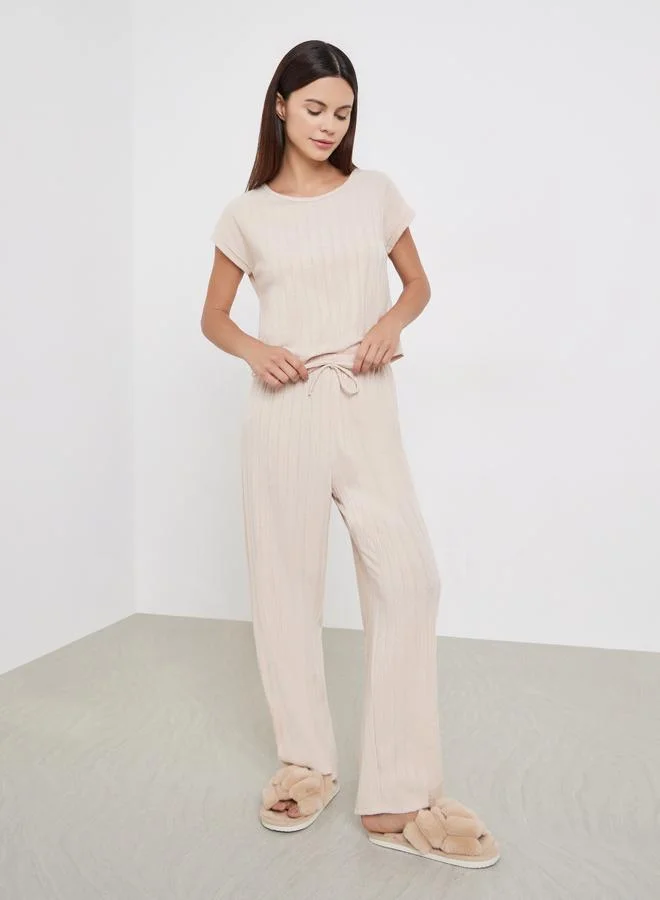 Styli Styli Beige Knit Textured Top and Long Pyjama Set