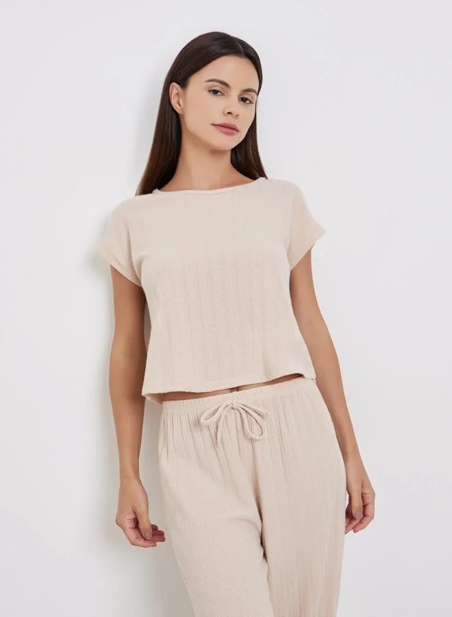 Styli Styli Beige Knit Textured Top and Long Pyjama Set