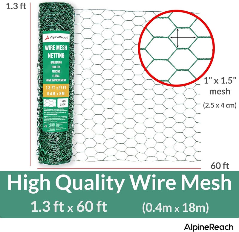 AlpineReach Chicken Wire 1.3ft x 60ft (15.6" x 720") for Floral Arrangements, Zip Ties - Green Mesh Roll Galvanized Hexagonal PVC Coated Garden Netting for Fencing, Crafts, Poultry, Gardening Fence - Image 2