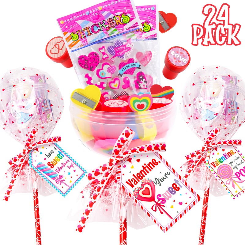 ORIENTAL CHERRY Valentines Day Gifts for Kids 24 Pack Giant LollipopShaped Stationery Set with Valentines Cards Pencils Stickers Erasers Stampers Sharpener for Classroom Exchange School Boys Girls Party Favors - Image 3