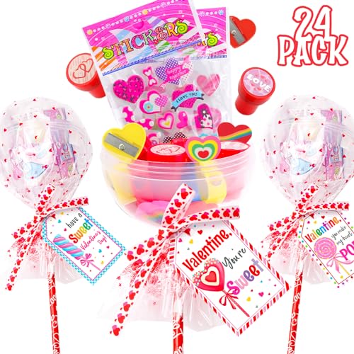ORIENTAL CHERRY Valentines Day Gifts for Kids 24 Pack Giant LollipopShaped Stationery Set with Valentines Cards Pencils Stickers Erasers Stampers Sharpener for Classroom Exchange School Boys Girls Party Favors - Image 1