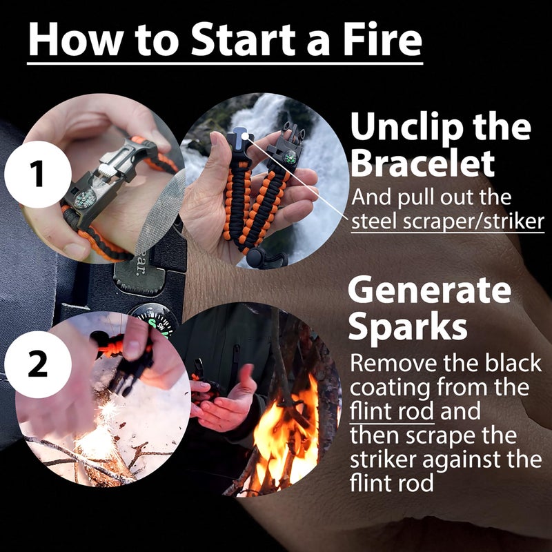 aZengear Paracord Survival Bracelet (2 Pack) | Flint Steel Fire Starter, Whistle, Compass, Mini Saw | Adjustable Wrist Band Size for Camping, Bushcraft, Emergency Kit (Black & Orange) - Image 4