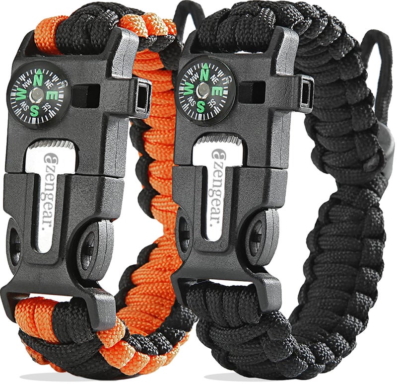 aZengear Paracord Survival Bracelet (2 Pack) | Flint Steel Fire Starter, Whistle, Compass, Mini Saw | Adjustable Wrist Band Size for Camping, Bushcraft, Emergency Kit (Black & Orange) - Image 1