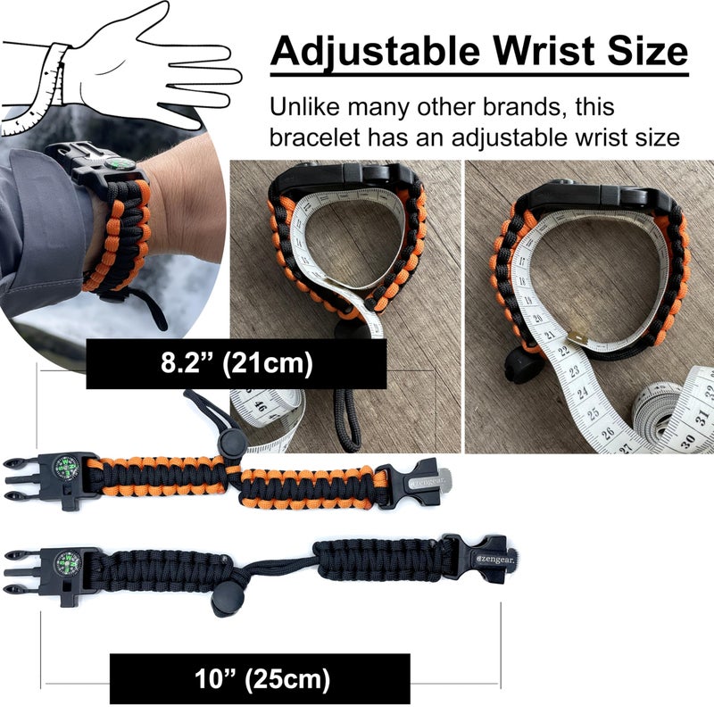 aZengear Paracord Survival Bracelet (2 Pack) | Flint Steel Fire Starter, Whistle, Compass, Mini Saw | Adjustable Wrist Band Size for Camping, Bushcraft, Emergency Kit (Black & Orange) - Image 5