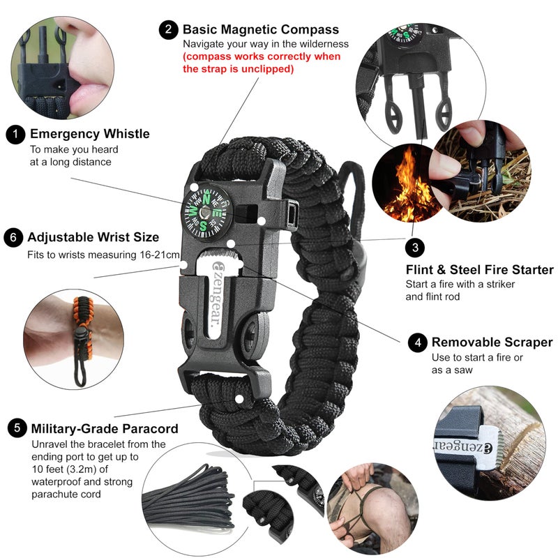 aZengear Paracord Survival Bracelet (2 Pack) | Flint Steel Fire Starter, Whistle, Compass, Mini Saw | Adjustable Wrist Band Size for Camping, Bushcraft, Emergency Kit (Black & Orange) - Image 2