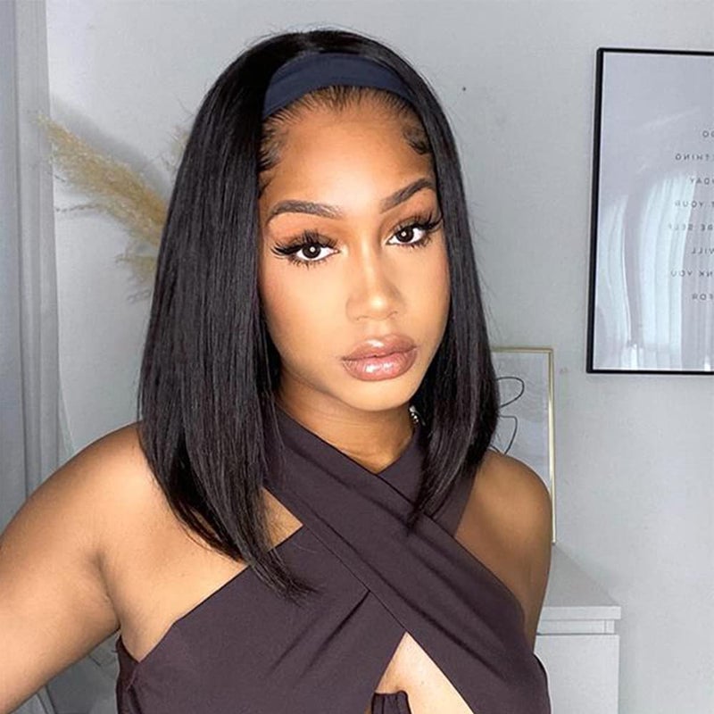 AISI Bob Headband Wig Human Hair Straight Headband Wigs For Black Women Short Straight Bob Human Hair Wigs None Front Lace Brazilian Virgin Machine Made Easy Wear Headband Wig14Inch
