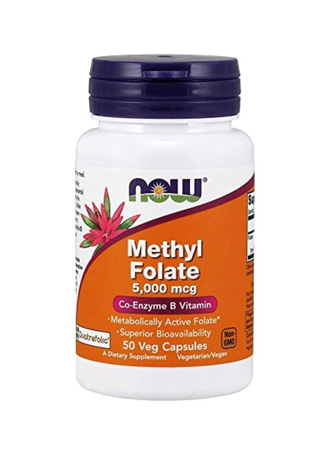 Now Foods Methyl Folate Dietary Supplement 5000mcg - 50 Capsules - Image 1