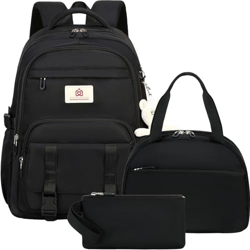 Hidds School Backpack for Teen Girls Women College Laptop Backpacks 3 Pcs Kids Cute Bookbag Set with Lunch Box Pencil Case Elementary Middle High School Bag Students Backpack Set Travel DaypackBlack - Image 1