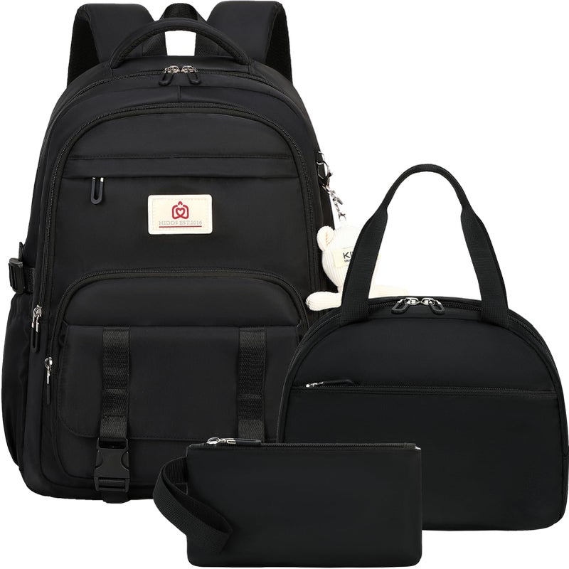 Hidds School Backpack for Teen Girls Women College Laptop Backpacks 3 Pcs Kids Cute Bookbag Set with Lunch Box Pencil Case Elementary Middle High School Bag Students Backpack Set Travel DaypackBlack - Image 2