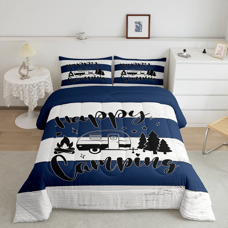 Man Fei Happy Camping Comforter Set Queen Size Camper RV Trailer Decor Bedding Set 3pcs for Kids Boys Girls Adults Rustic Farmhouse Wooden Plank Down Comforter Blue White Retro Duvet Insert 2 Pillowcases  - Image 2