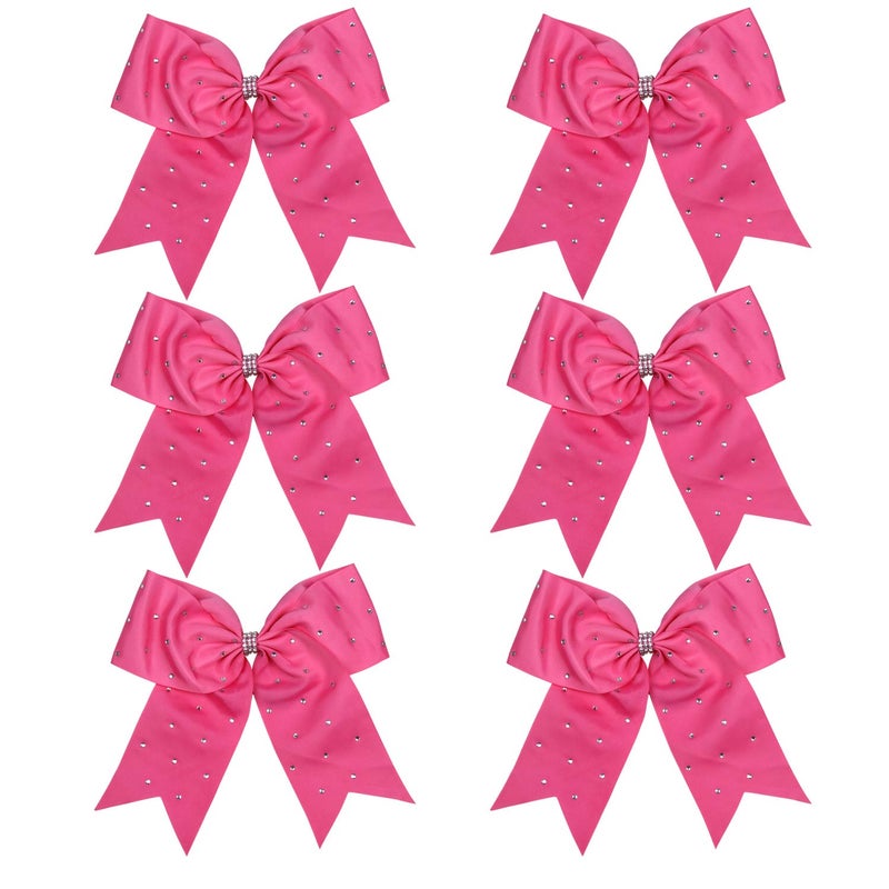 ICObuty 8 Inch Jumbo Cheerleader Bows with Bling Fling Rhinestones Ponytail Holder Cheerleading Bows Hair Tie 6 Pcs College (Hot pink) - Image 3