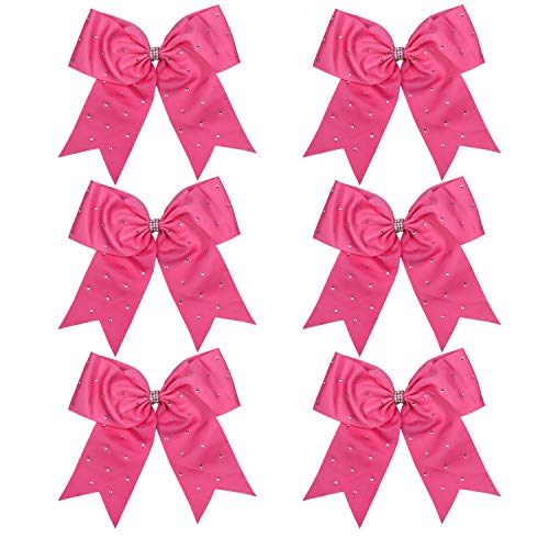 ICObuty 8 Inch Jumbo Cheerleader Bows with Bling Fling Rhinestones Ponytail Holder Cheerleading Bows Hair Tie 6 Pcs College (Hot pink) - Image 1