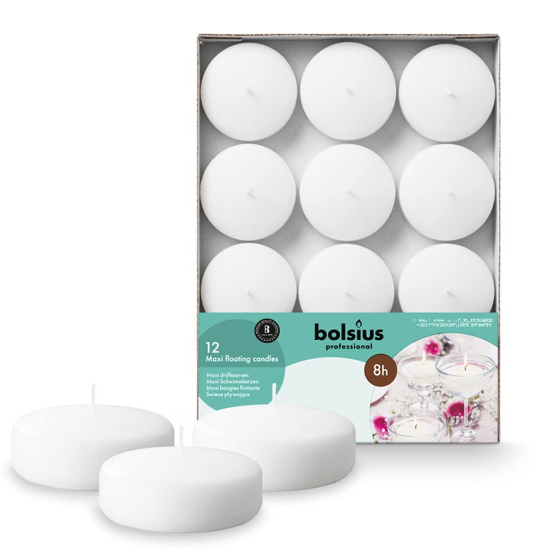 BOLSIUS White Floating Candles 3 Inch  Set Of 12 Maxi Candles  8 Hour Clean Burning  Palm Oil Free  0 Animal Fat  Premium European Quality