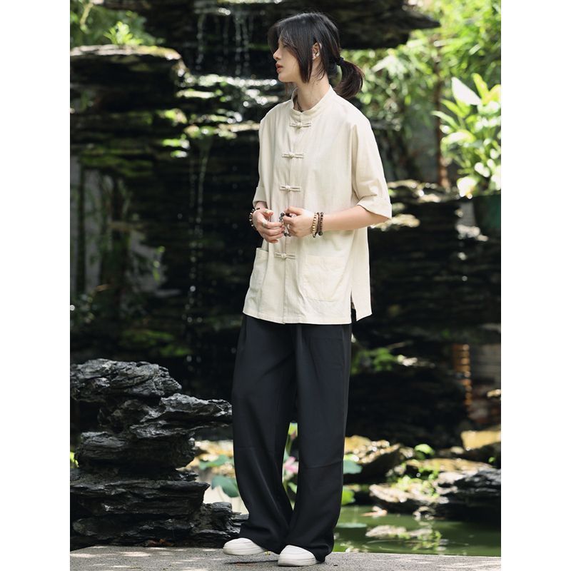 New Chinese Style Shirt Chinese-Tung Suit Men'S And Women'S Summer Hemp Cotton Handsome Chinese Style Retro Five-Point Sleeve Shirt Tang Suit - Image 2