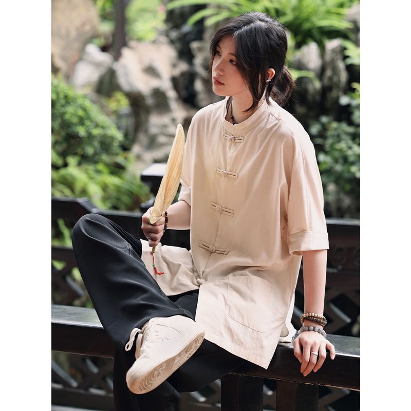 New Chinese Style Shirt Chinese-Tung Suit Men'S And Women'S Summer Hemp Cotton Handsome Chinese Style Retro Five-Point Sleeve Shirt Tang Suit - Image 5
