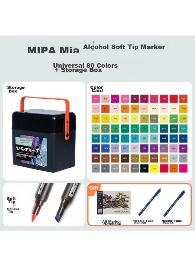 ميا Miya Professional علامات كحولية مزدوجة الرأس للطلاب، رسوم يدوية كاريكاتير، ملابس، تصميم معماري، أقلام زيتية مقاومة للماء، أقلام ألوان مائية، علامات، سعة كبيرة 80 لونًا للرسم الفني - Image 1