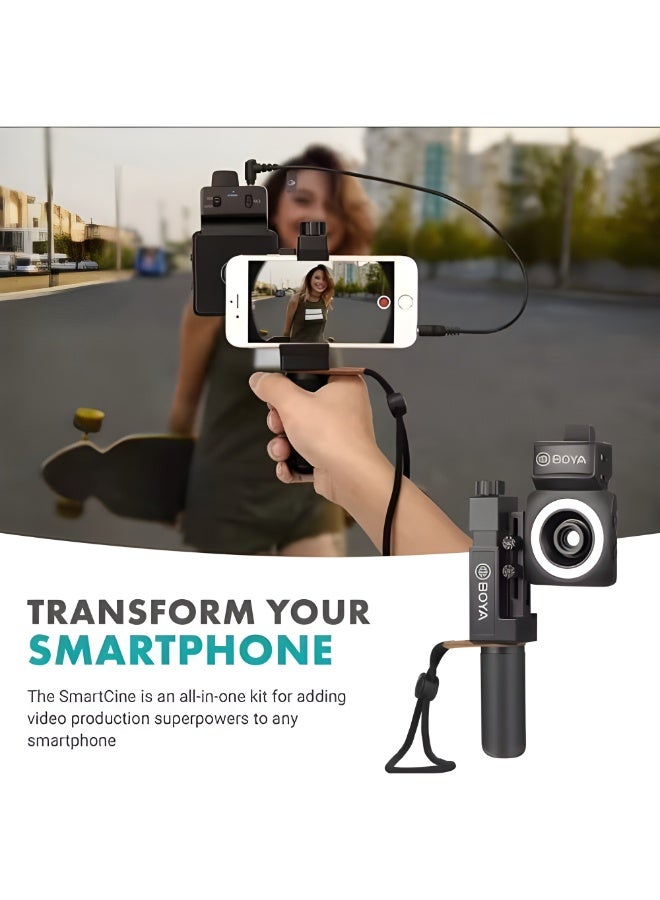 بويا طقم تصوير احترافي BOYA SmartCine W1 شامل ميكروفون لاسلكي وعدسة وإضاءة LED وحامل للهاتف لتصوير الفيديوهات بدقة عالية – لون اسود - Image 5