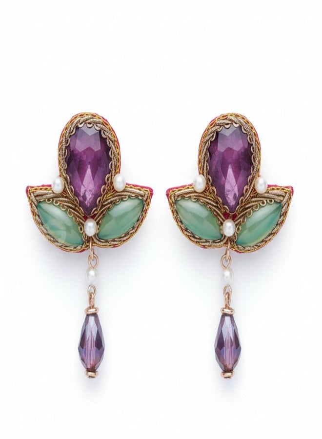 SANJOYA by EVERSTYLISH Embroidered Earrings for Women | Stones, Beads, Glass & Pearl Drop Danglers | Lightweight Adjustable Festive & Wedding Jewelry - Image 1