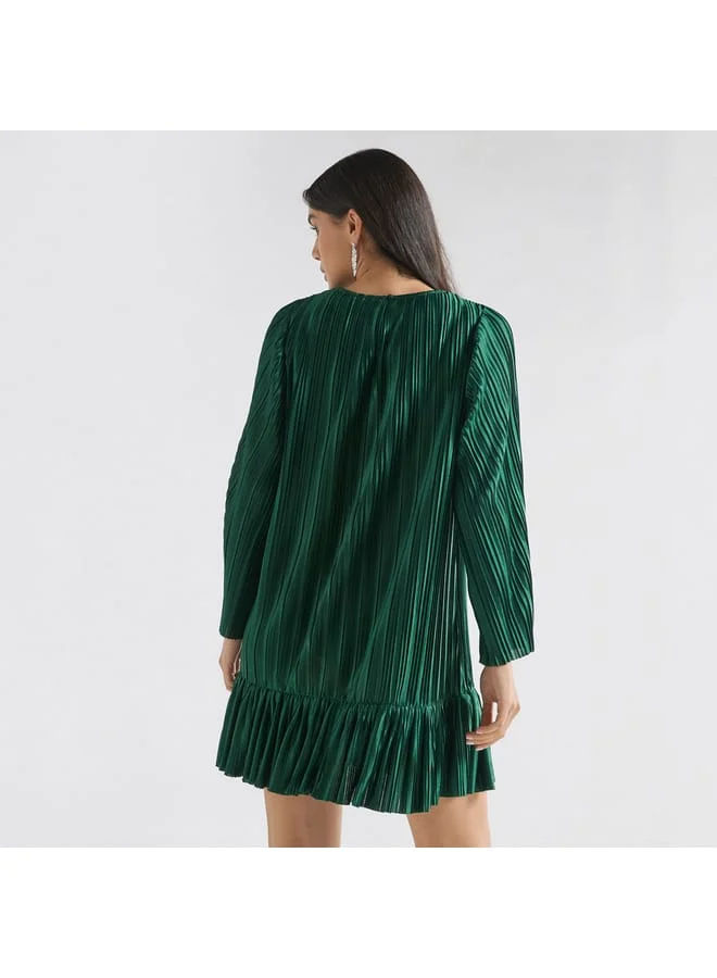 Splash FAV Pleated A-line Dress with Flared Sleeves and Round Neck