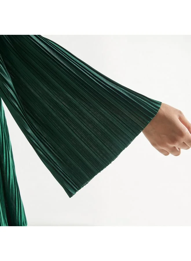 Splash FAV Pleated A-line Dress with Flared Sleeves and Round Neck