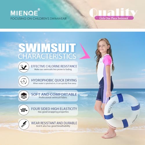 MIENOE Girls One Piece Swimsuit Kid Water Sport Short Rash Guard UPF 50+ Sun Protection Bathing Suit Size 8-9 Years White - Image 4