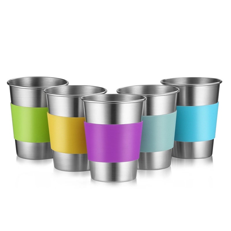 Qrooper Stainless Steel Cups, 12 Oz Metal Drinking Glasses for Kids and Adults, Metal Pint Cup Tumblers, Set of 5, Unbreakable and Stackable - Image 1