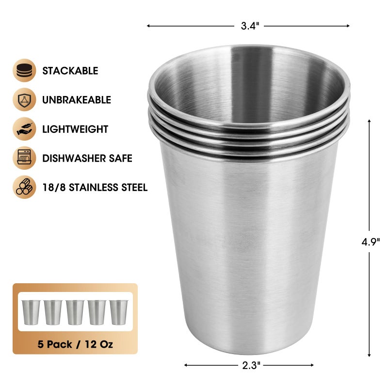 Qrooper Stainless Steel Cups, 12 Oz Metal Drinking Glasses for Kids and Adults, Metal Pint Cup Tumblers, Set of 5, Unbreakable and Stackable - Image 3