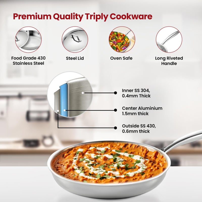 Kuber Industries Kuber Industries 1.5L Aluminium Triply Frying Pan | Kadai for Cooking with Handle & Lid | Deep Fry Cookware Wok for Kitchen | Gas & Induction Base Cooking Chinese Karahi | Silver  - Image 4